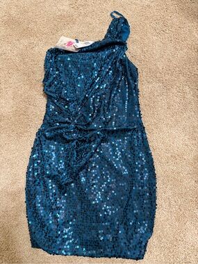 Lily Rose medium One-Shoulder Teal Sequin Party Dress formal new with tags